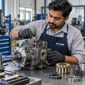 South Asian technician repairing a hydraulic piston pump in a RYLSUN branded apron