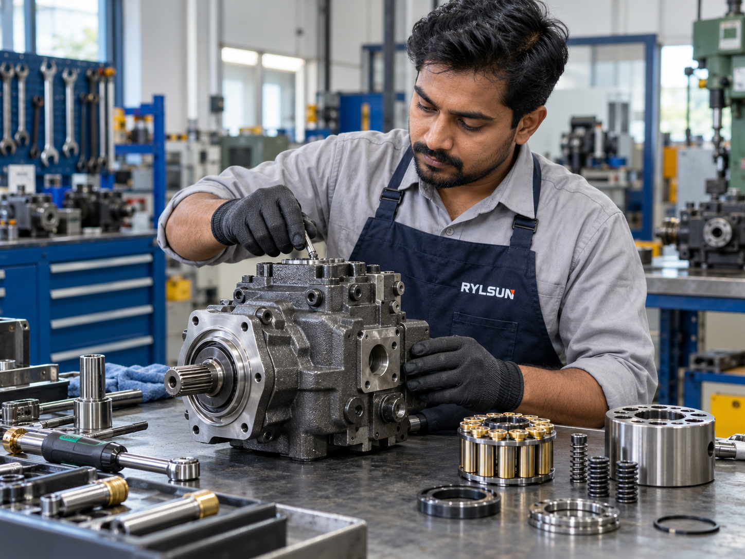 South Asian technician repairing a hydraulic piston pump in a RYLSUN branded apron
