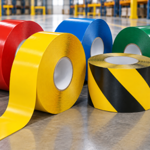 MARKTAC™ industrial floor marking tape in yellow, red, blue, green and black-yellow (illustrative)
