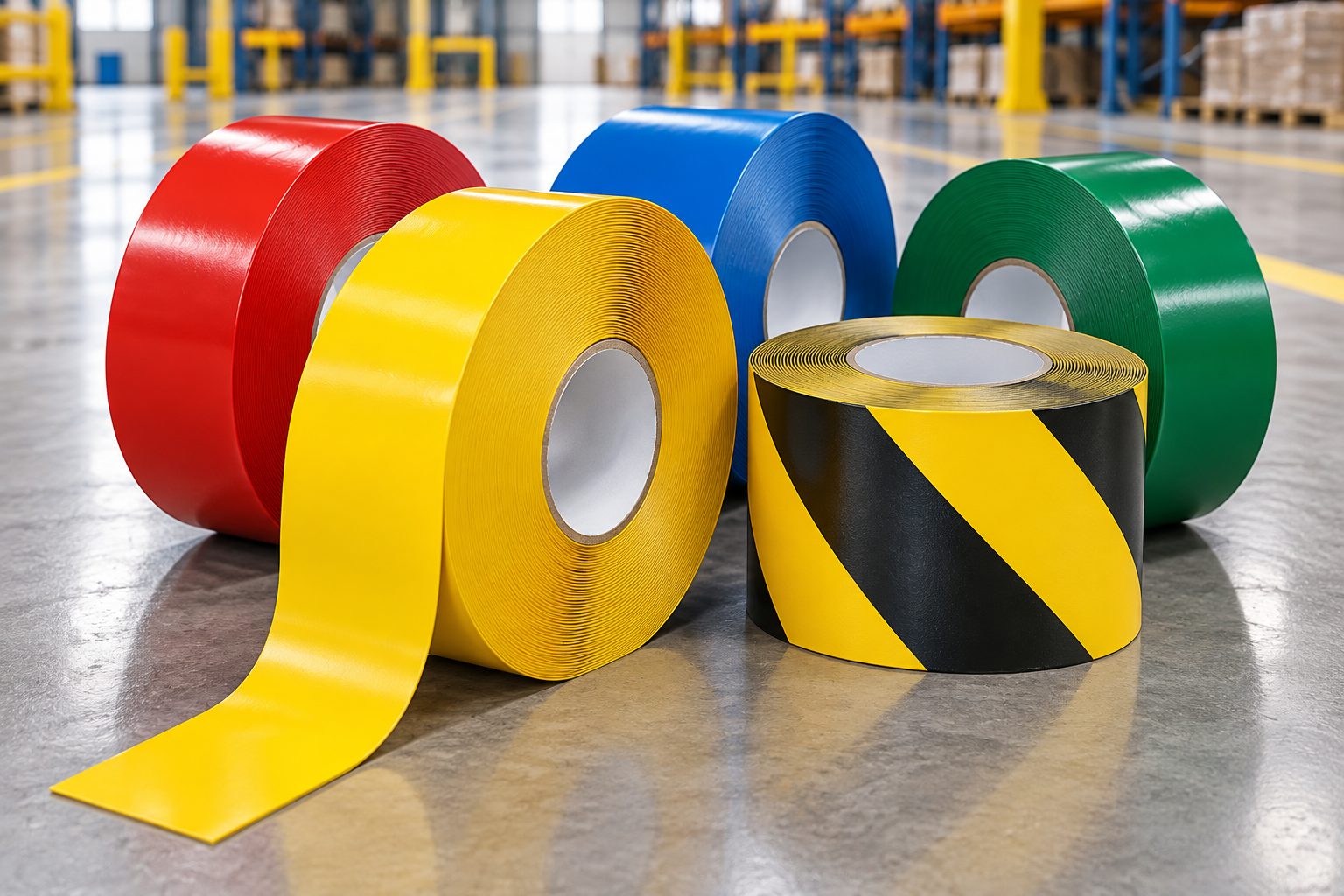 MARKTAC™ industrial floor marking tape in yellow, red, blue, green and black-yellow (illustrative)